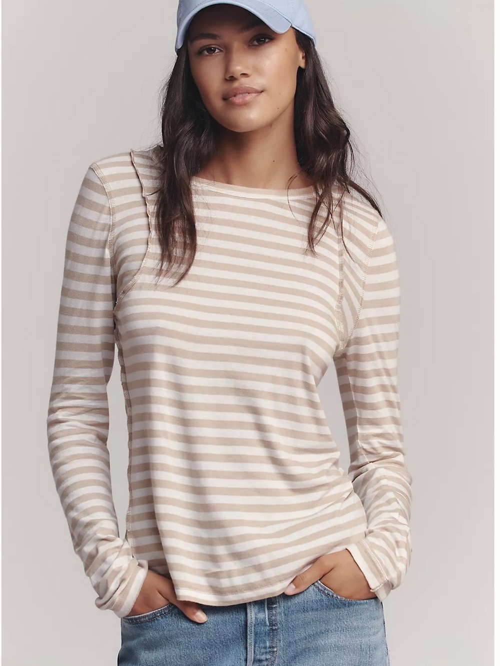 Teddy Tissue Tee by Pilcro Beige and White Striped Long-Sleeve Crewneck Top. XS